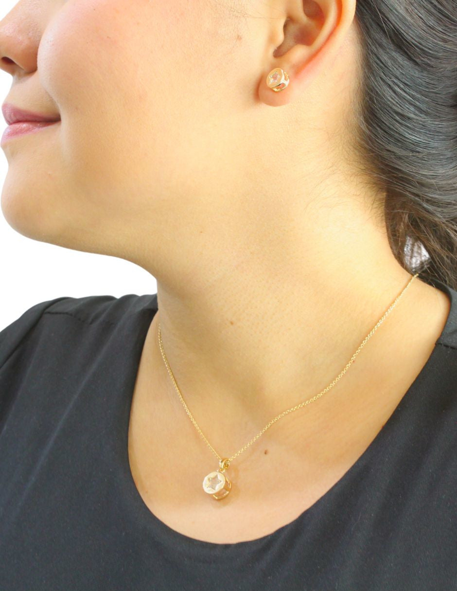 Collar y Aretes Chapa Estrella Circulo Cristal Dorado