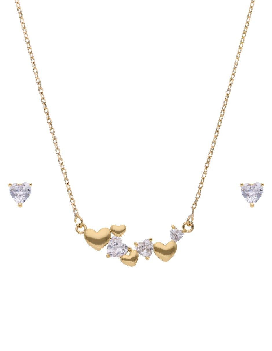Collar y Aretes Chapa Corazones Cristal Dorado