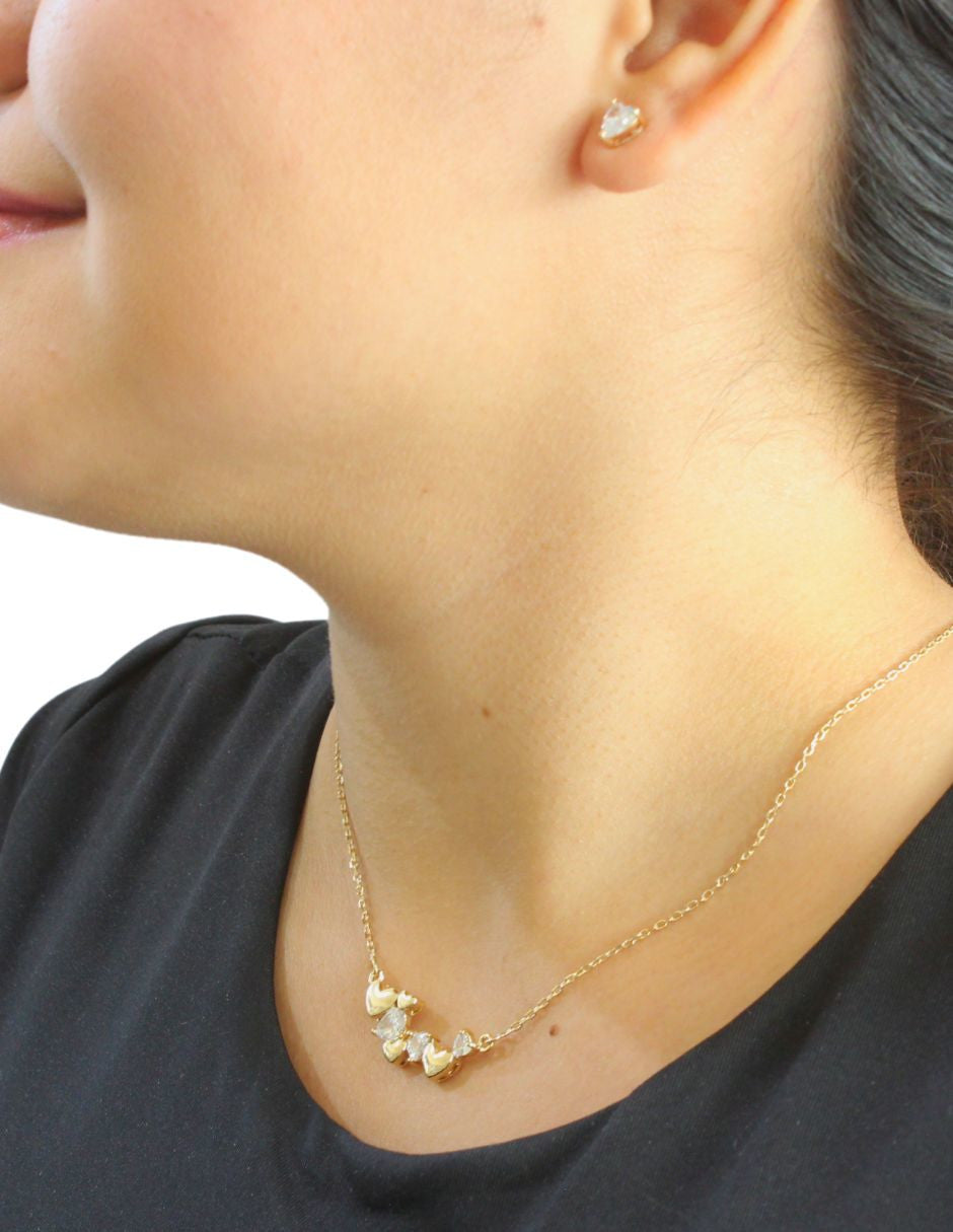 Collar y Aretes Chapa Corazones Cristal Dorado