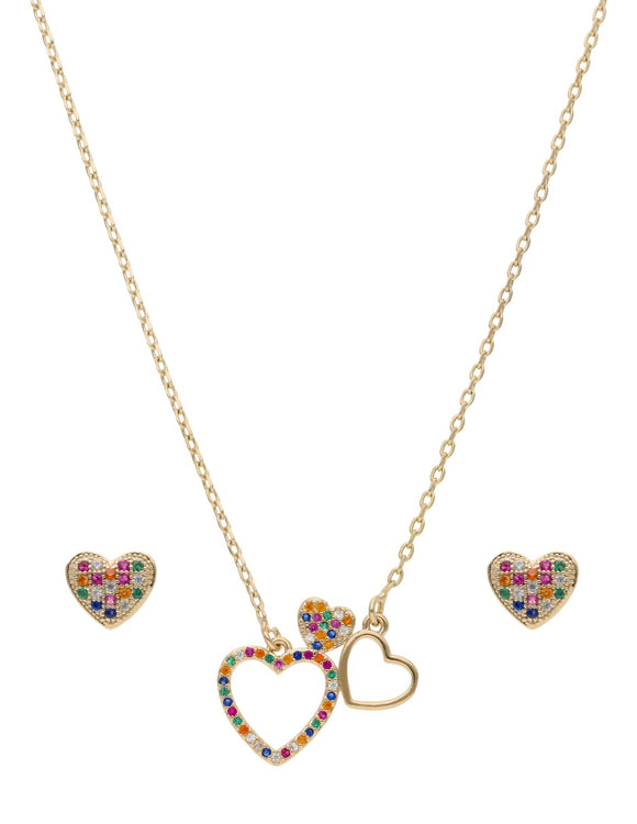 Collar y Aretes Chapa Corazones Cristales Multicolor Dorado