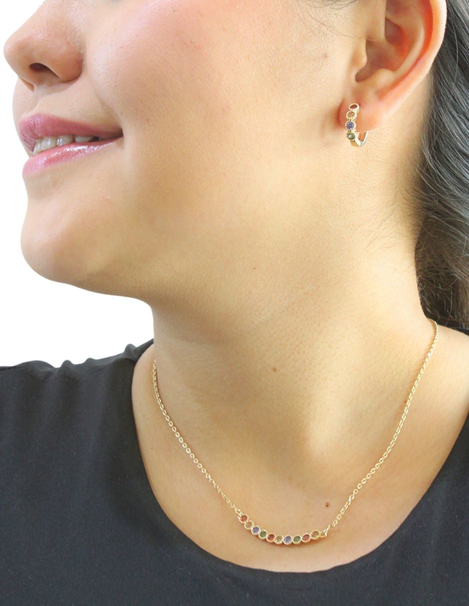 Collar y Aretes Chapa Cristales Multicolor Dorado