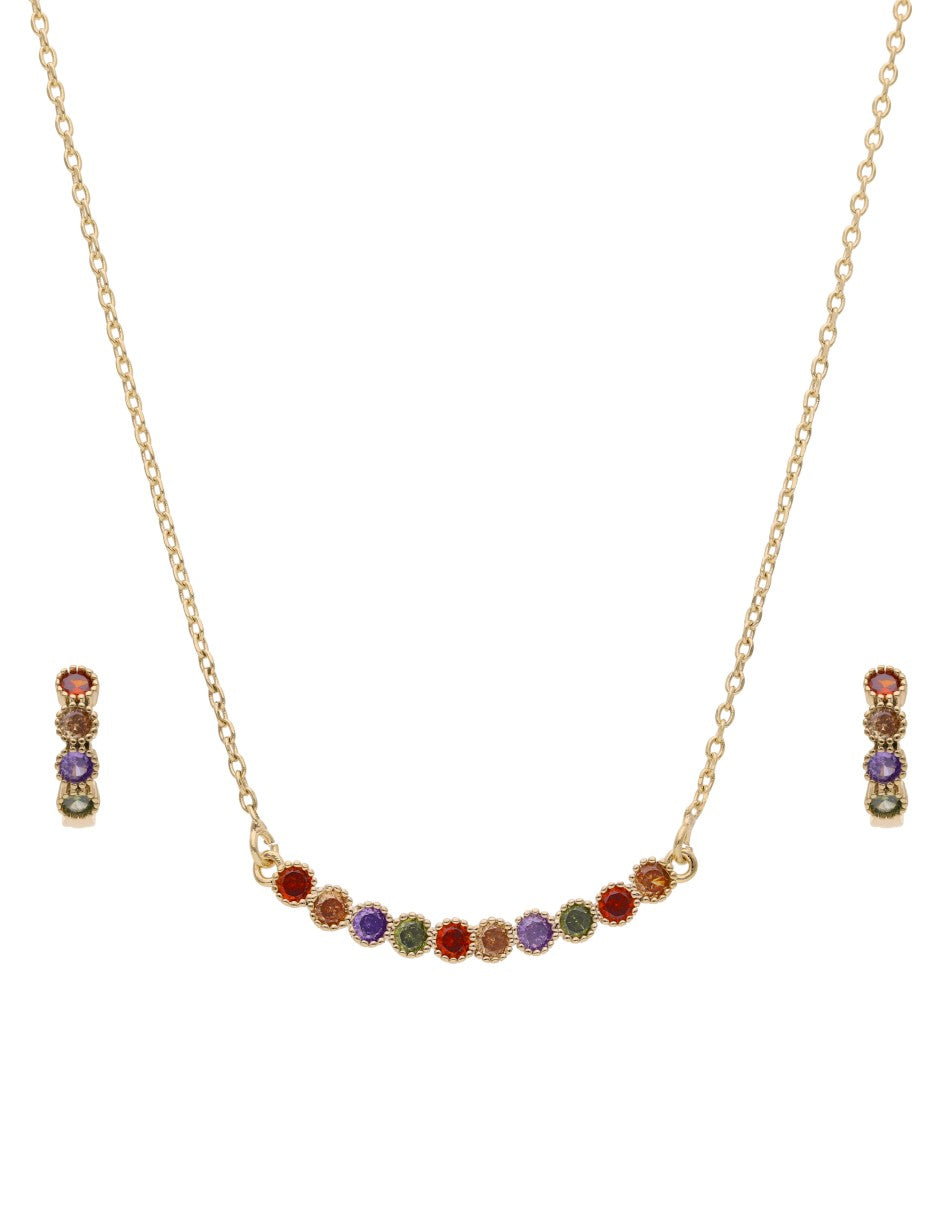 Collar y Aretes Chapa Cristales Multicolor Dorado