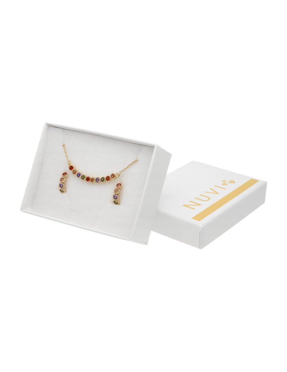 Collar y Aretes Chapa Cristales Multicolor Dorado