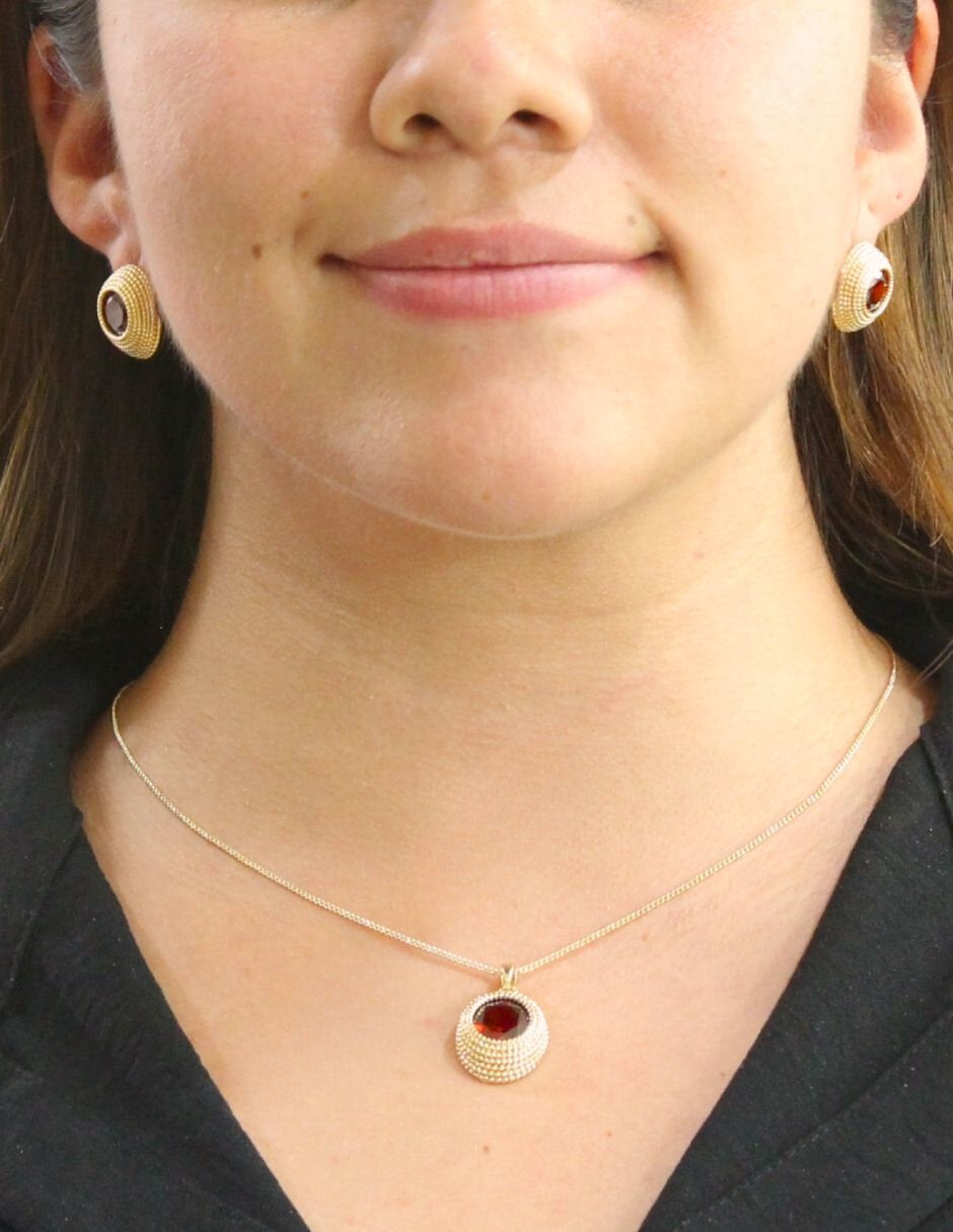 Collar y Aretes Chapa Redondo Cristal Tinto