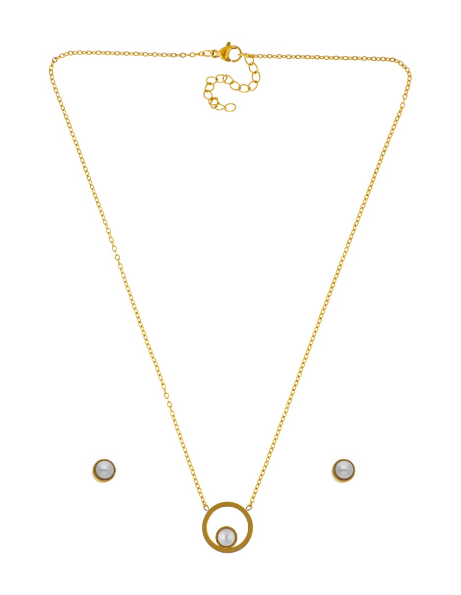 Collar y Aretes Circulo con Perla Dentro