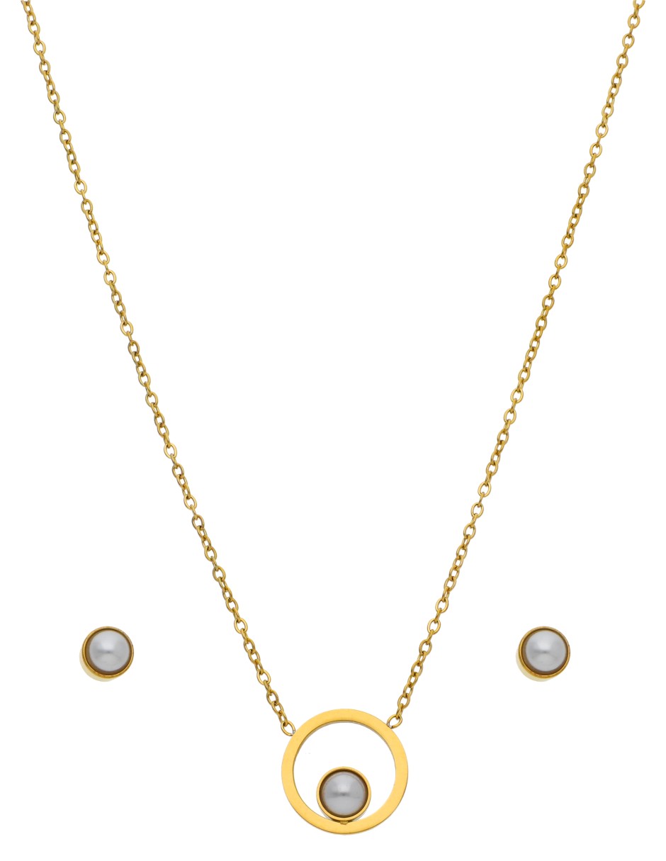 Collar y Aretes Circulo con Perla Dentro