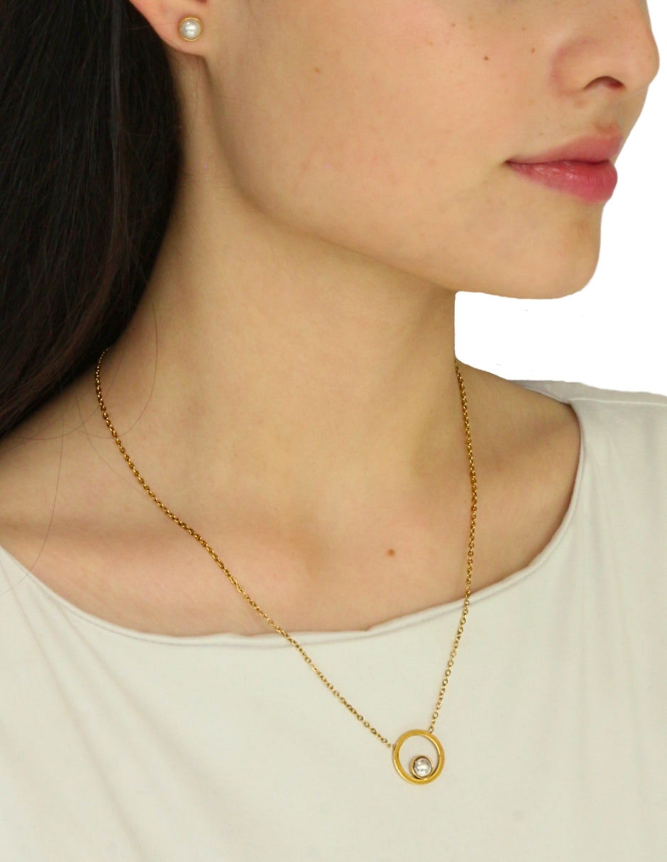 Collar y Aretes Circulo con Perla Dentro