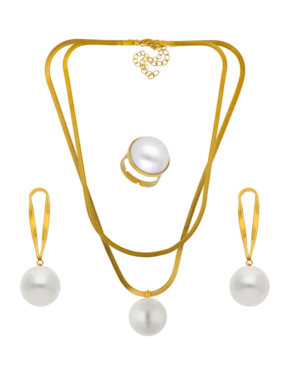Collar, Aretes y Anillo con Perla Grande