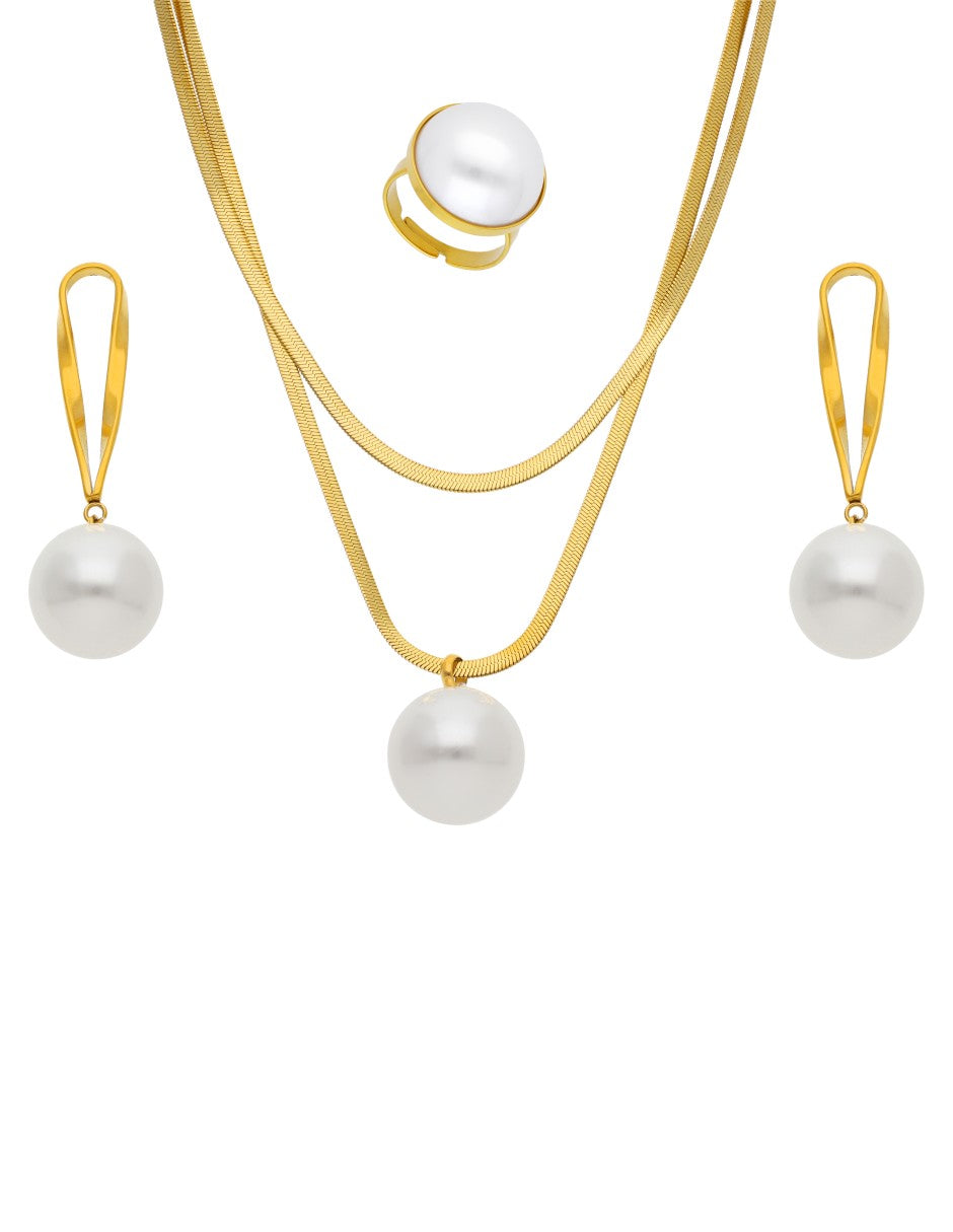 Collar, Aretes y Anillo con Perla Grande