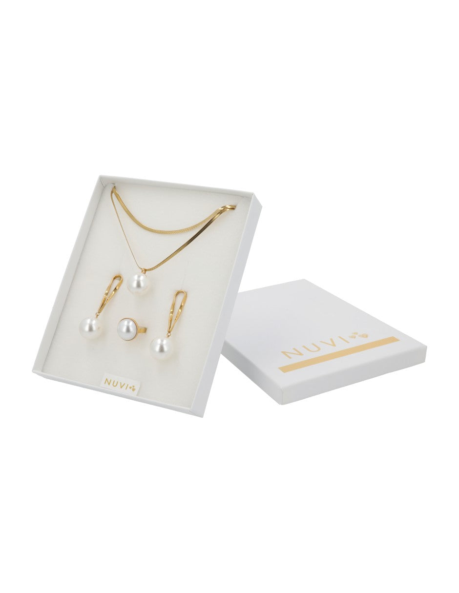 Collar, Aretes y Anillo con Perla Grande