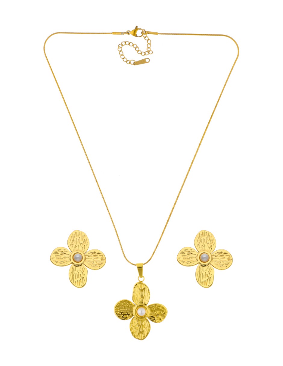 Collar y Aretes Flor Con Perla