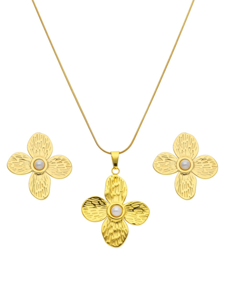 Collar y Aretes Flor Con Perla