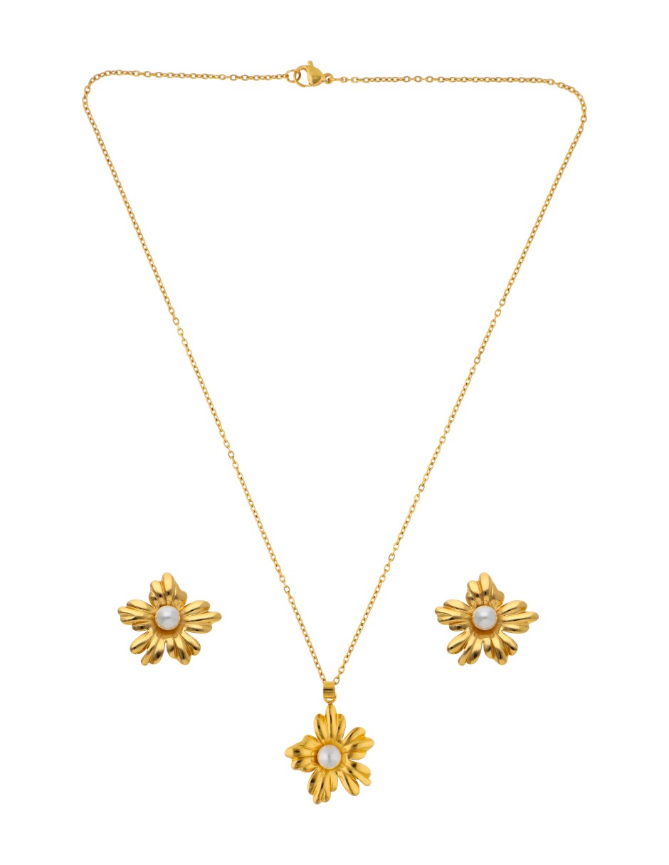 Collar y Aretes Flor Con Perla