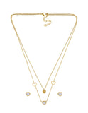 Juego Aretes y Collar Acero Inoxidable Doble Cadena Corazones Perla Madre Dorado