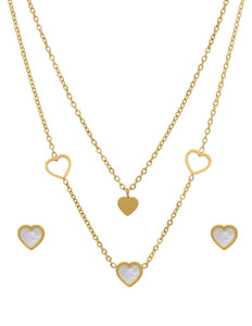 Juego Aretes y Collar Acero Inoxidable Doble Cadena Corazones Perla Madre Dorado