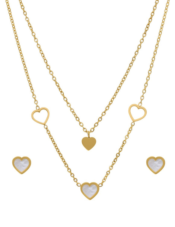 Juego Aretes y Collar Acero Inoxidable Doble Cadena Corazones Perla Madre Dorado