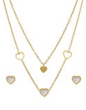 Juego Aretes y Collar Acero Inoxidable Doble Cadena Corazones Perla Madre Dorado