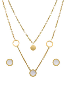 Juego Aretes y Collar Acero Inoxidable Doble Cadena Circulos Perla Madre Dorado