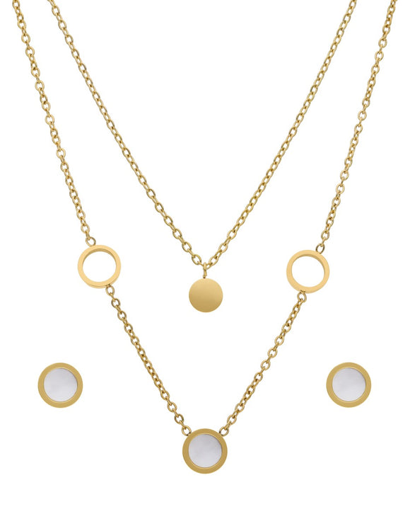 Juego Aretes y Collar Acero Inoxidable Doble Cadena Circulos Perla Madre Dorado
