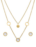 Juego Aretes y Collar Acero Inoxidable Doble Cadena Circulos Perla Madre Dorado