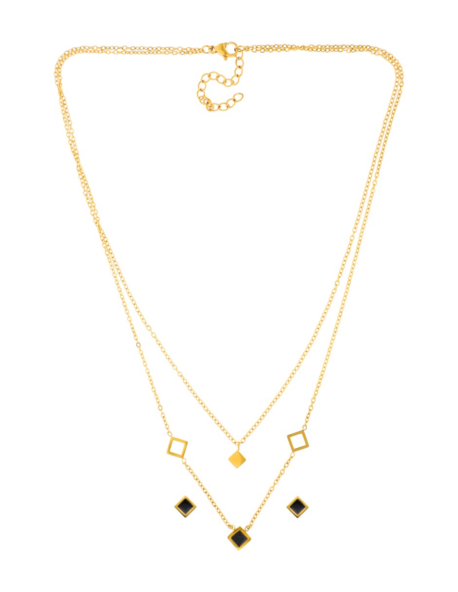 Collar y Aretes doble Cadena Cubitos Negro
