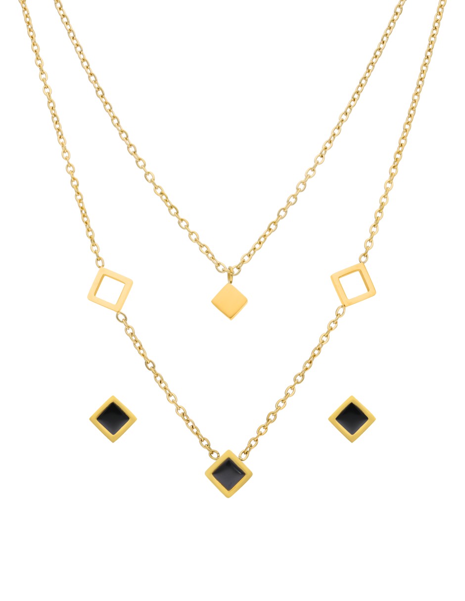 Collar y Aretes doble Cadena Cubitos Negro