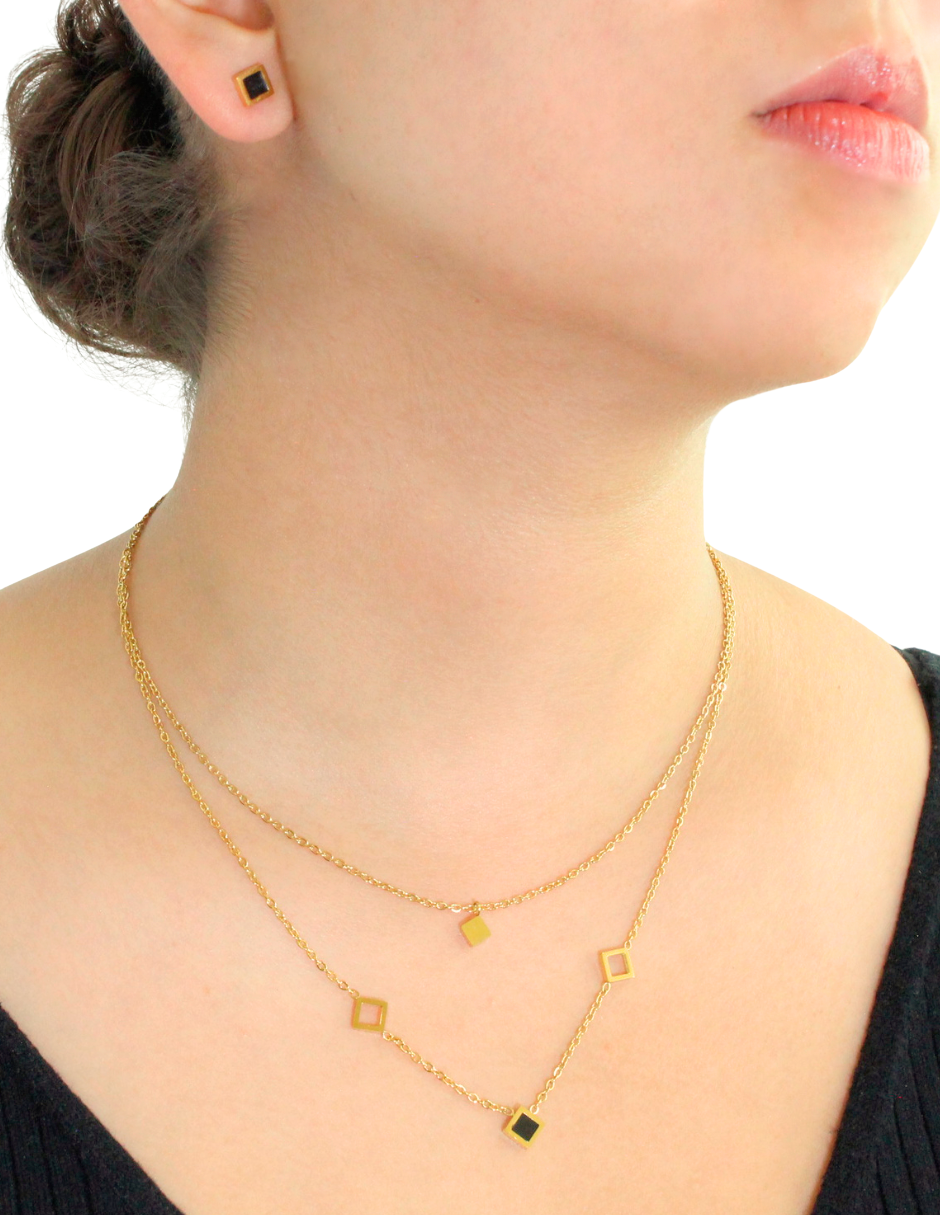 Collar y Aretes doble Cadena Cubitos Negro