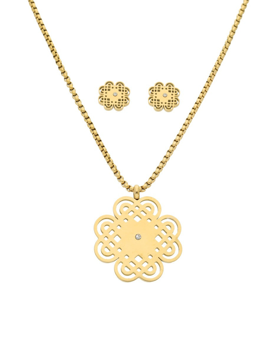 Collar y Aretes NUVI Medallon Trebol Cristal
