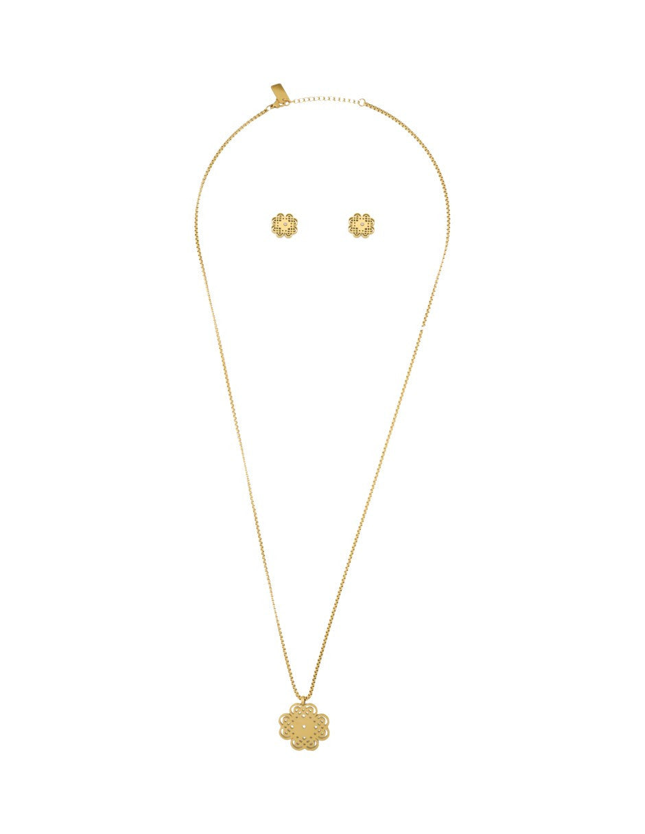 Collar y Aretes NUVI Medallon Trebol Cristal