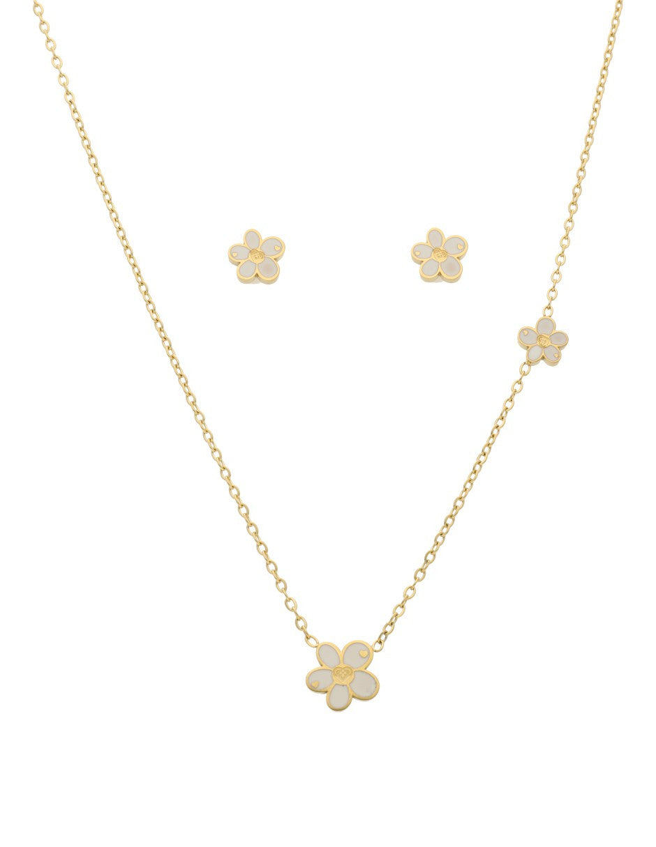 Collar y Aretes NUVI Flor Doble Esmalte Beige