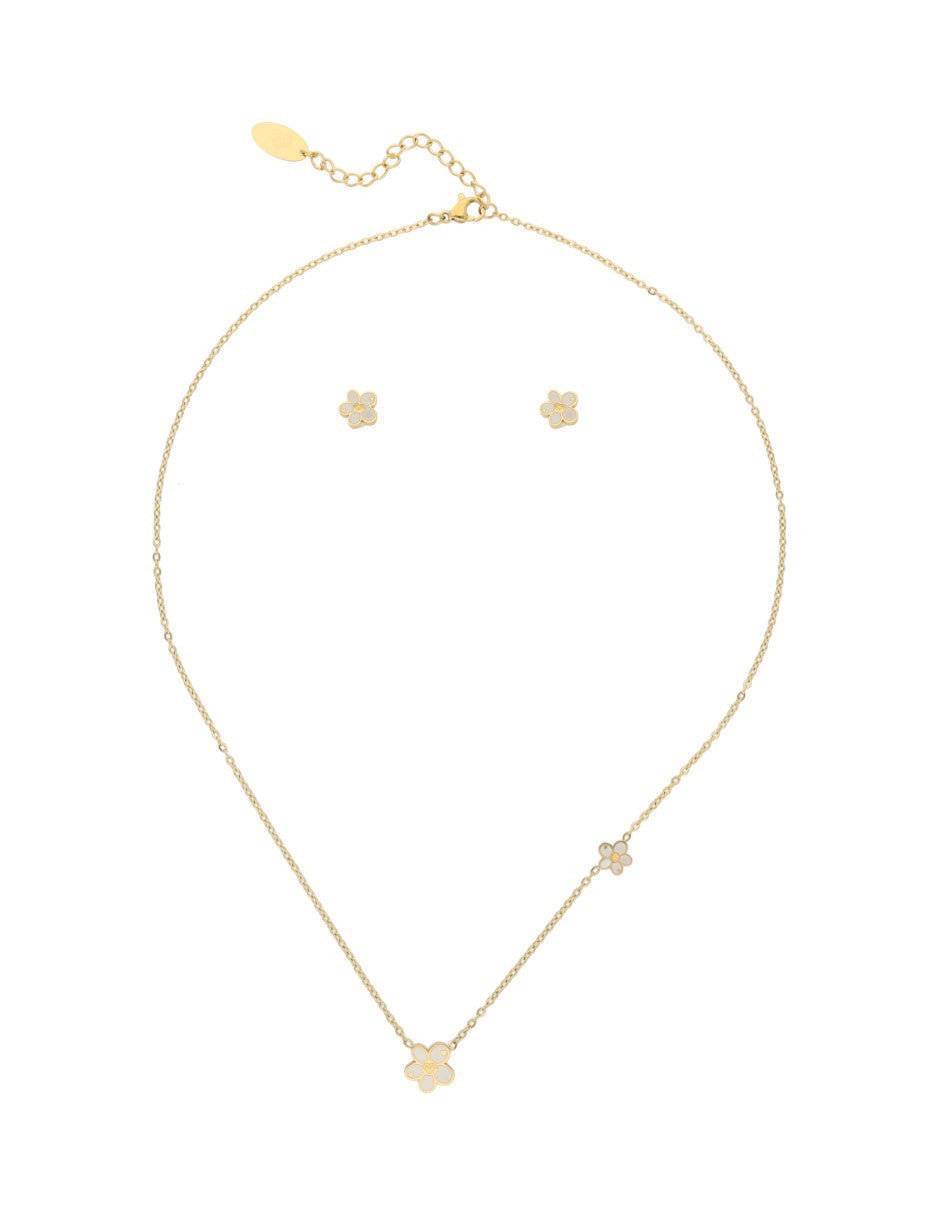 Collar y Aretes NUVI Flor Doble Esmalte Beige