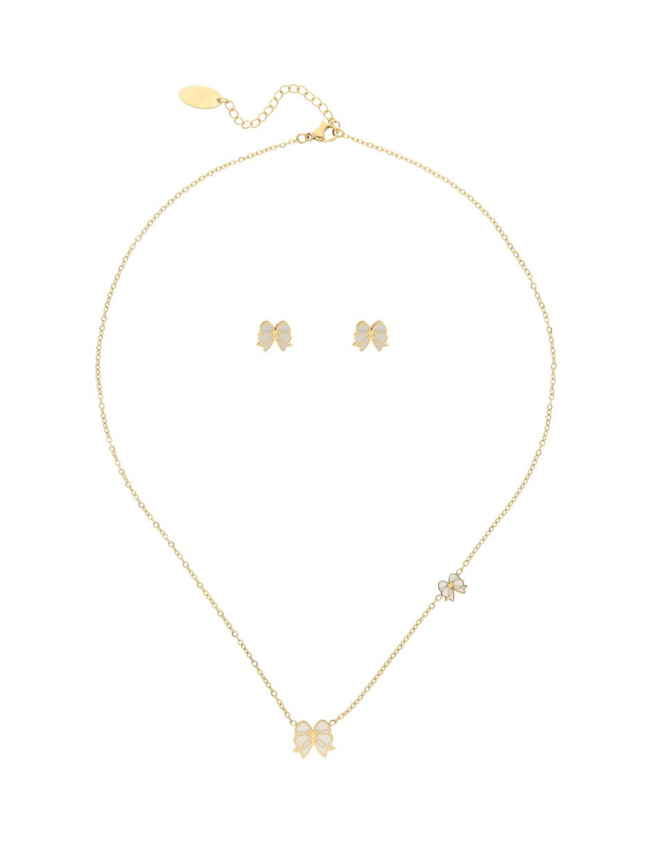 Collar y Aretes NUVI Moño Doble Esmalte Beige