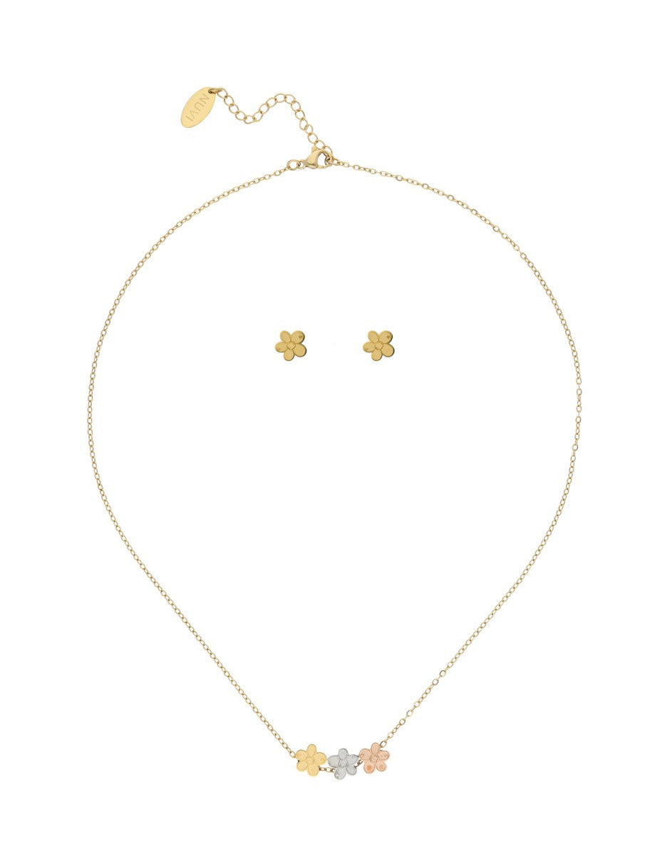 Collar y Aretes NUVI 3 Flores Tricolor
