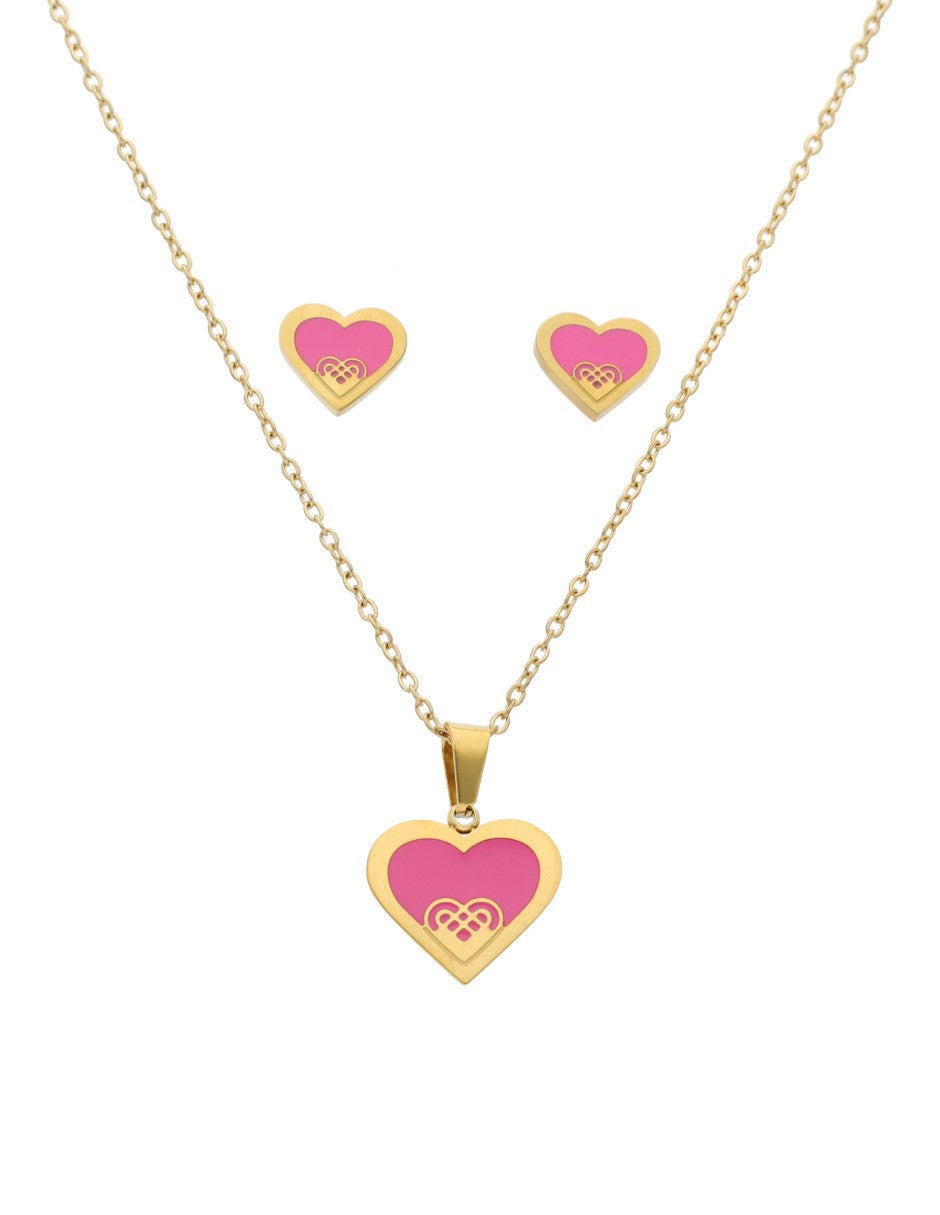 Collar y Aretes NUVI Corazón Esmalte Rosa