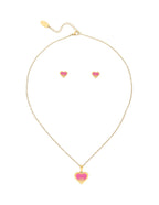 Collar y Aretes NUVI Corazón Esmalte Rosa