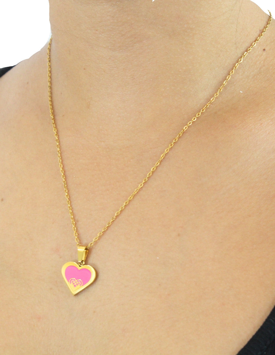 Collar y Aretes NUVI Corazón Esmalte Rosa