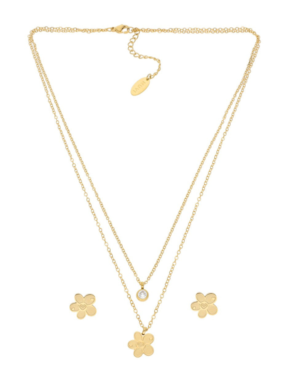 Collar y Aretes NUVI 2 cadenas Flor y Cristal