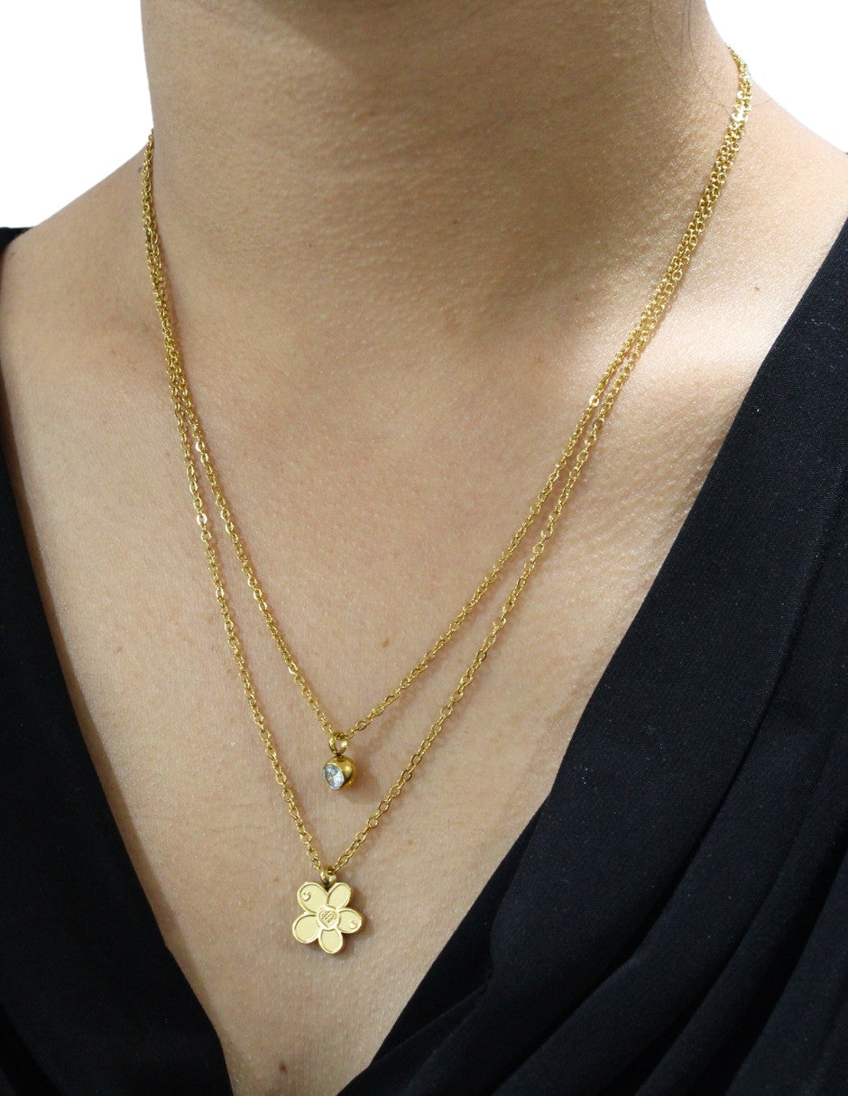 Collar y Aretes NUVI 2 cadenas Flor y Cristal