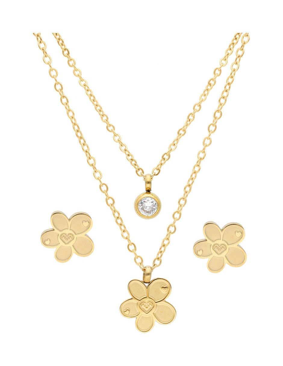 Collar y Aretes NUVI 2 cadenas Flor y Cristal