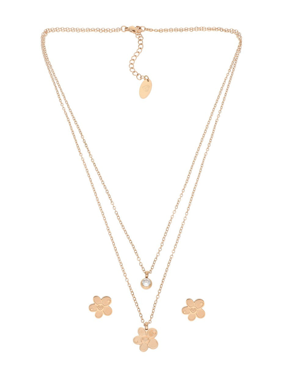 Collar y Aretes NUVI 2 cadenas Flor y Cristal