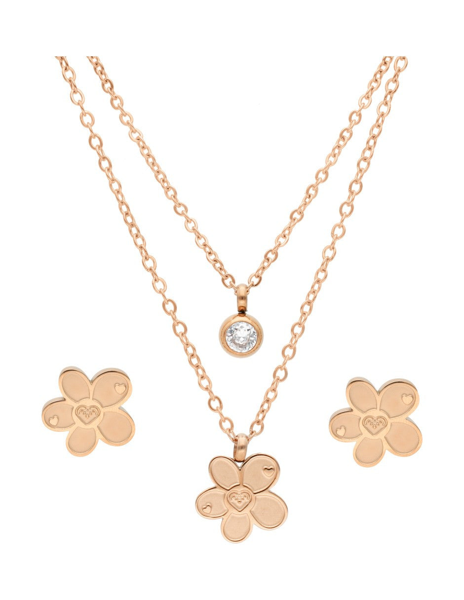 Collar y Aretes NUVI 2 cadenas Flor y Cristal
