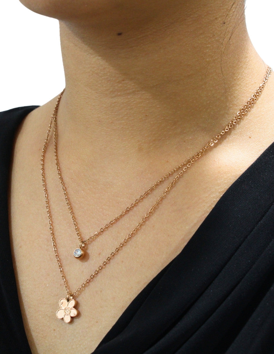 Collar y Aretes NUVI 2 cadenas Flor y Cristal