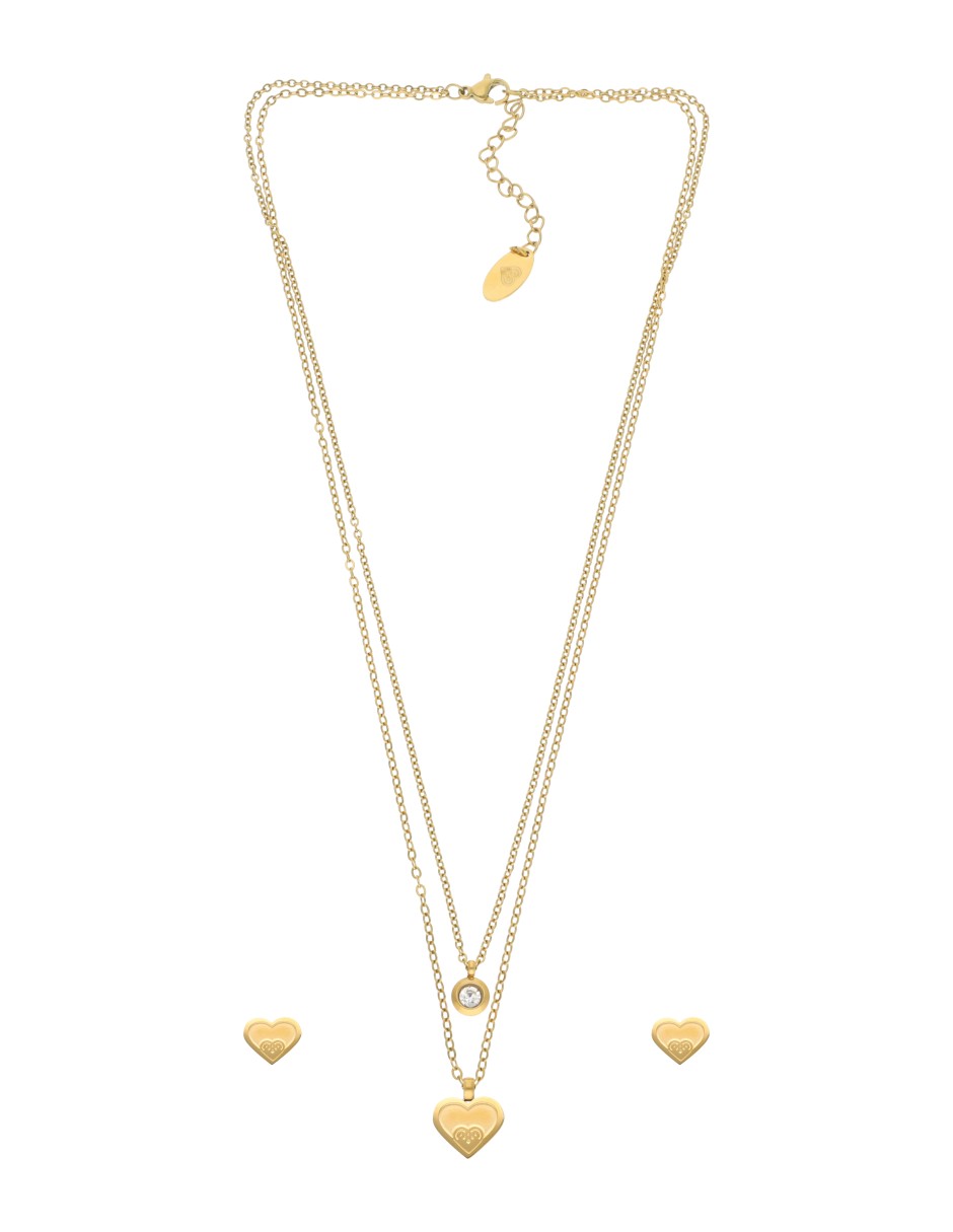 Collar y Aretes NUVI 2 cadenas Corazon y Cristal