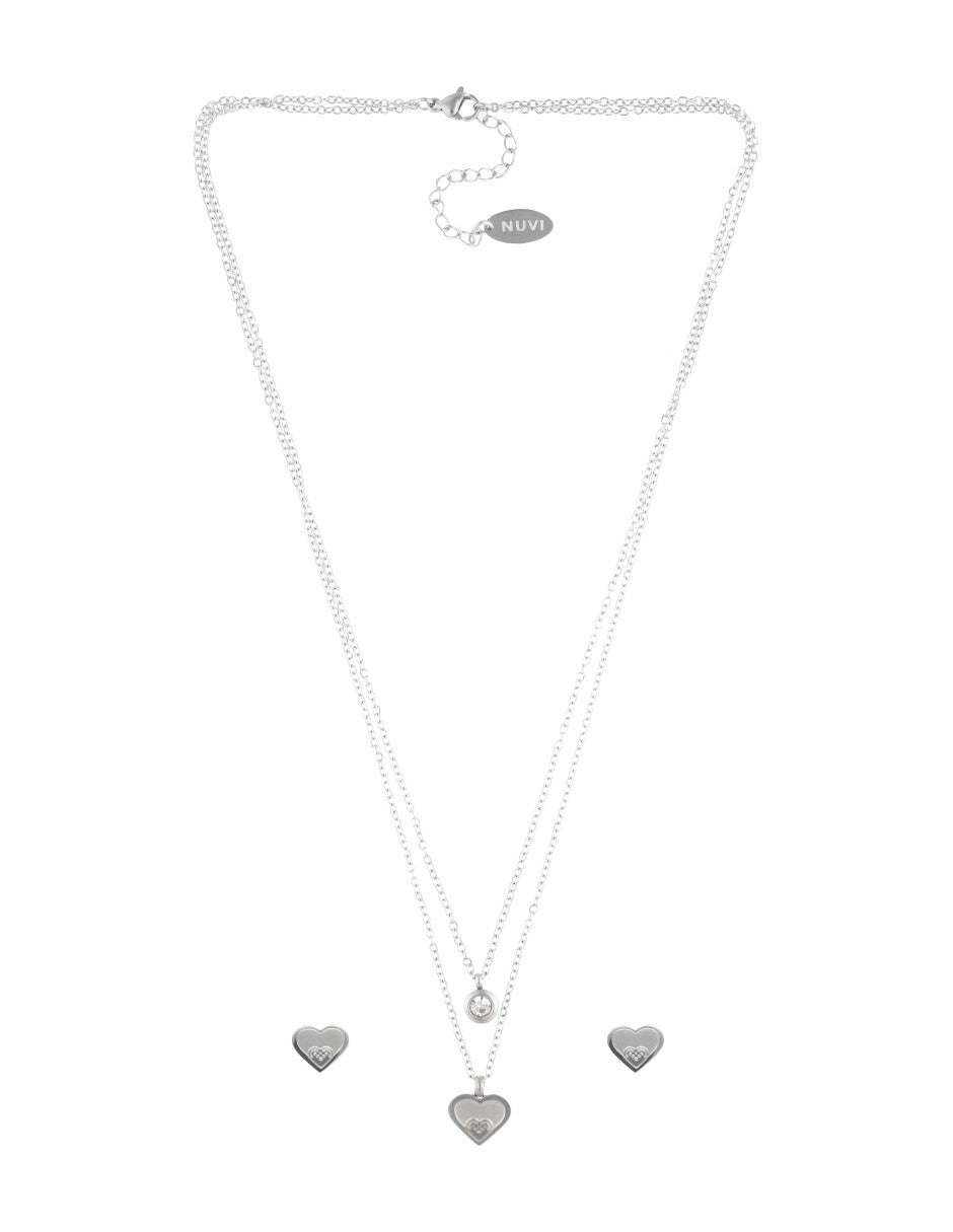 Collar y Aretes NUVI 2 cadenas Corazon y Cristal Plateado