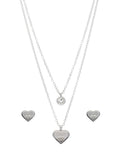 Collar y Aretes NUVI 2 cadenas Corazon y Cristal Plateado