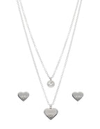 Collar y Aretes NUVI 2 cadenas Corazon y Cristal Plateado