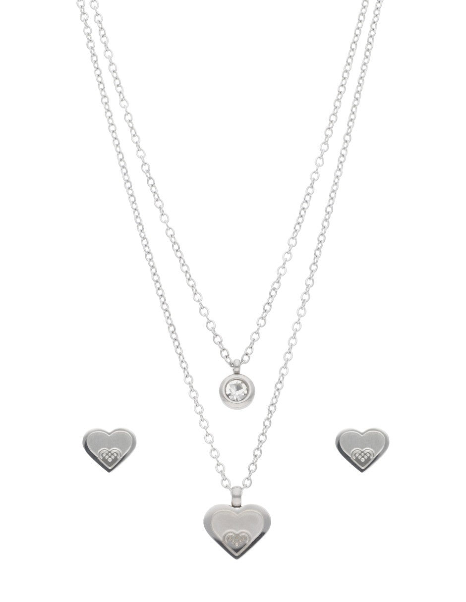 Collar y Aretes NUVI 2 cadenas Corazon y Cristal Plateado