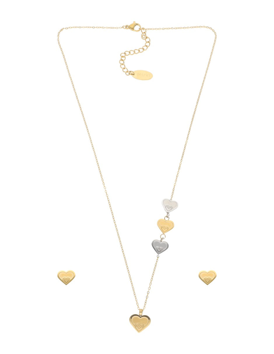 Collar y Aretes NUVI Corazon con Corazones Tricolor