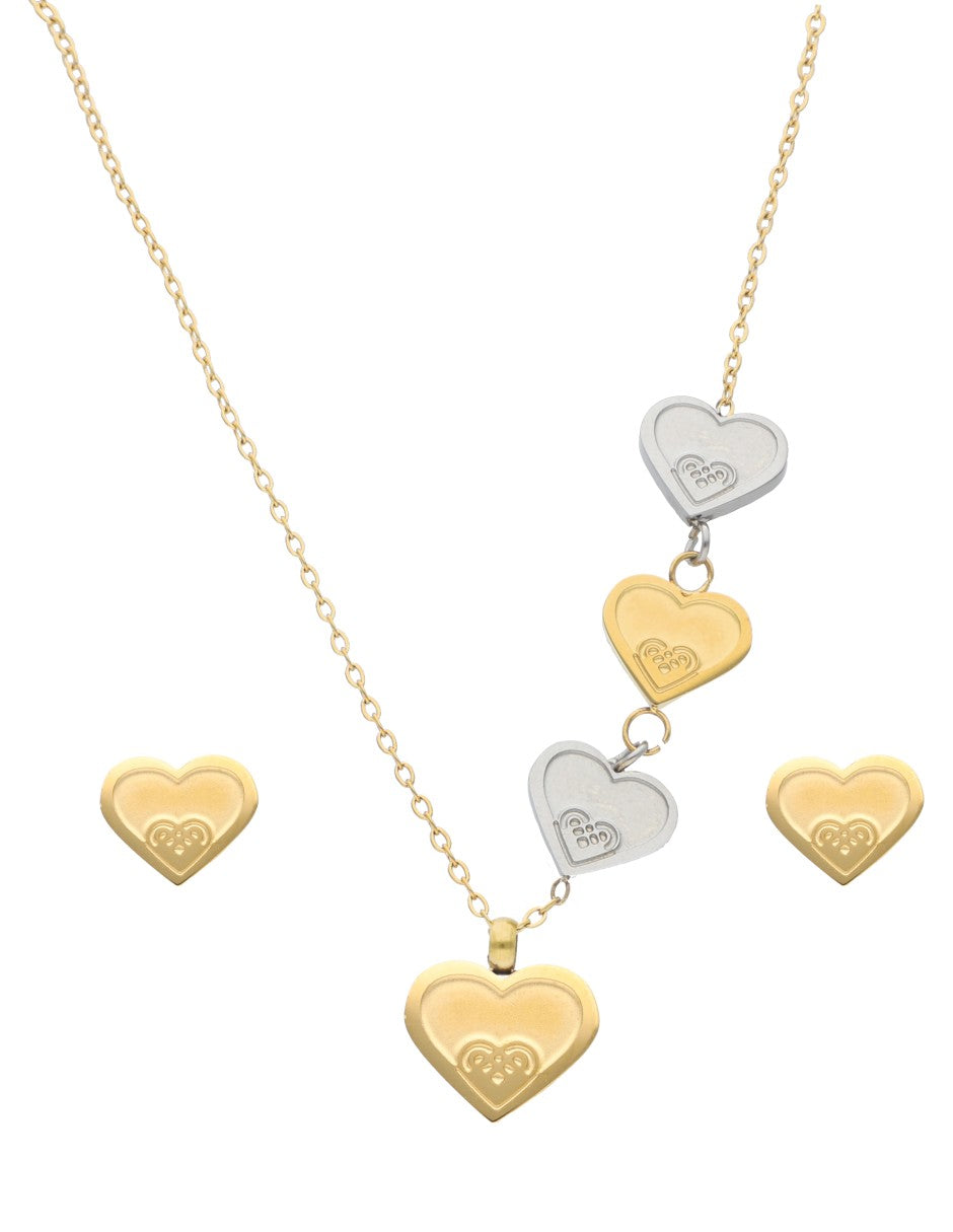 Collar y Aretes NUVI Corazon con Corazones Tricolor
