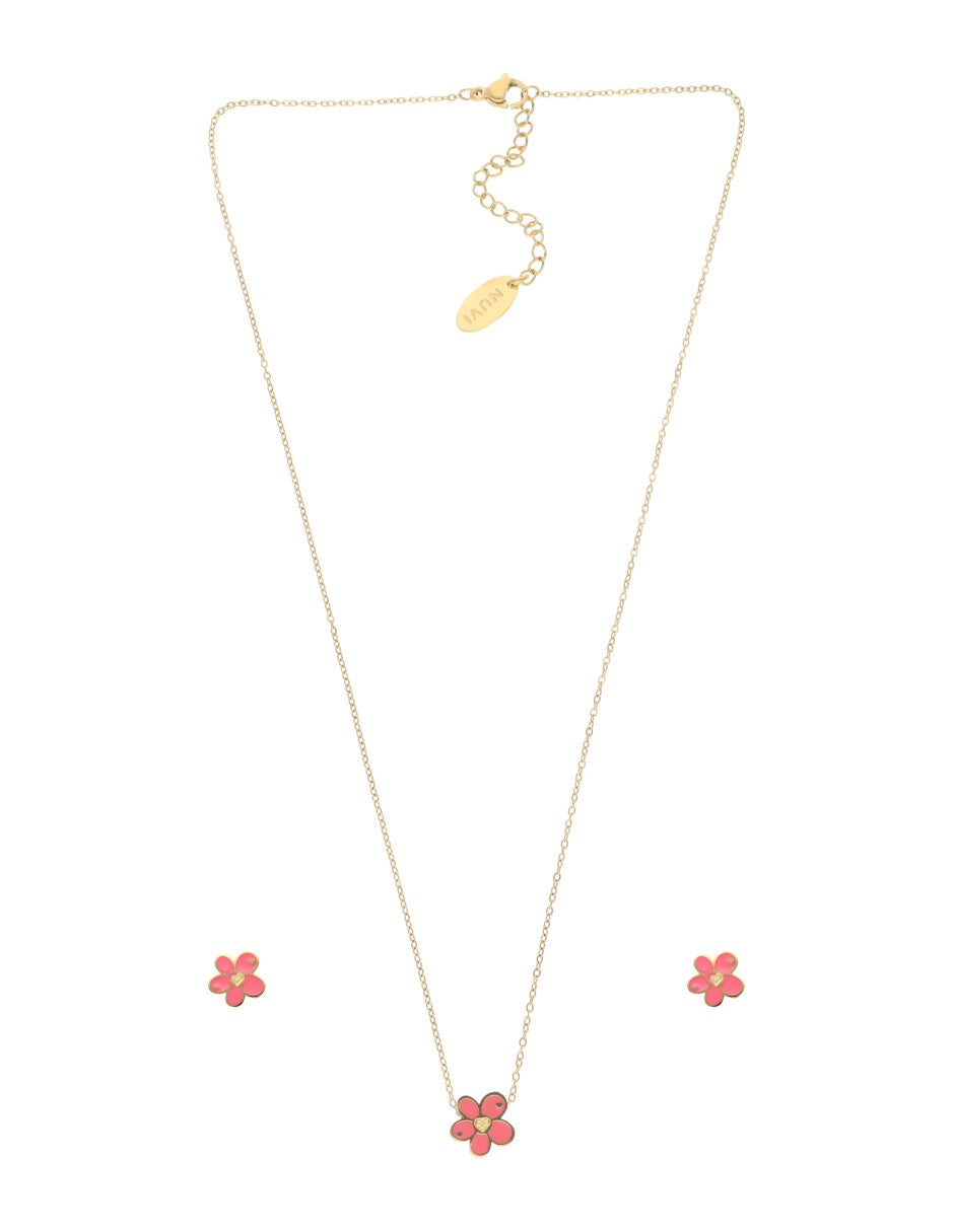 Collar y Aretes NUVI Flor Rosa